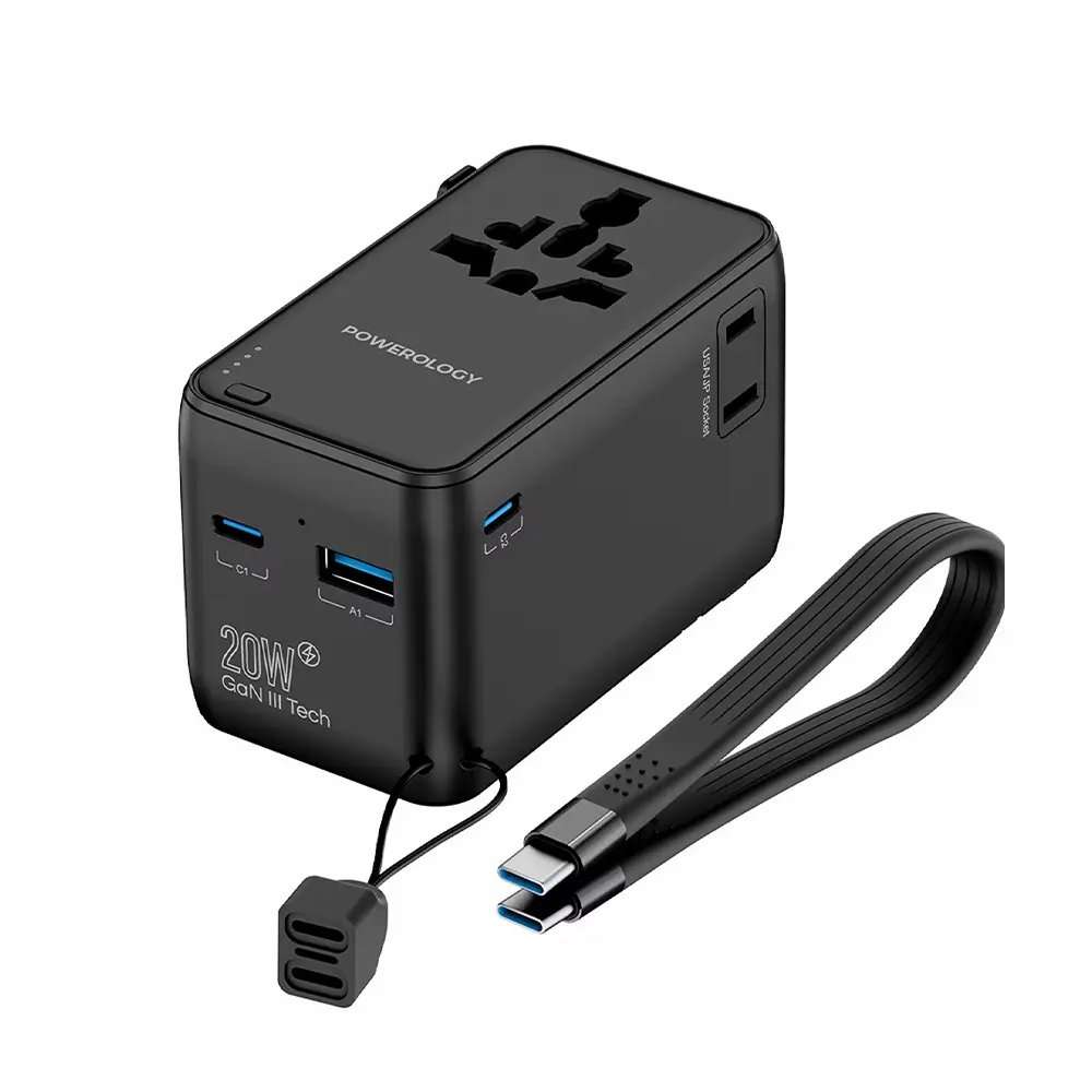Powerology PD 20W Universal Travel Adapter With Built-in Power Bank 4000mAh - Linkphones Center